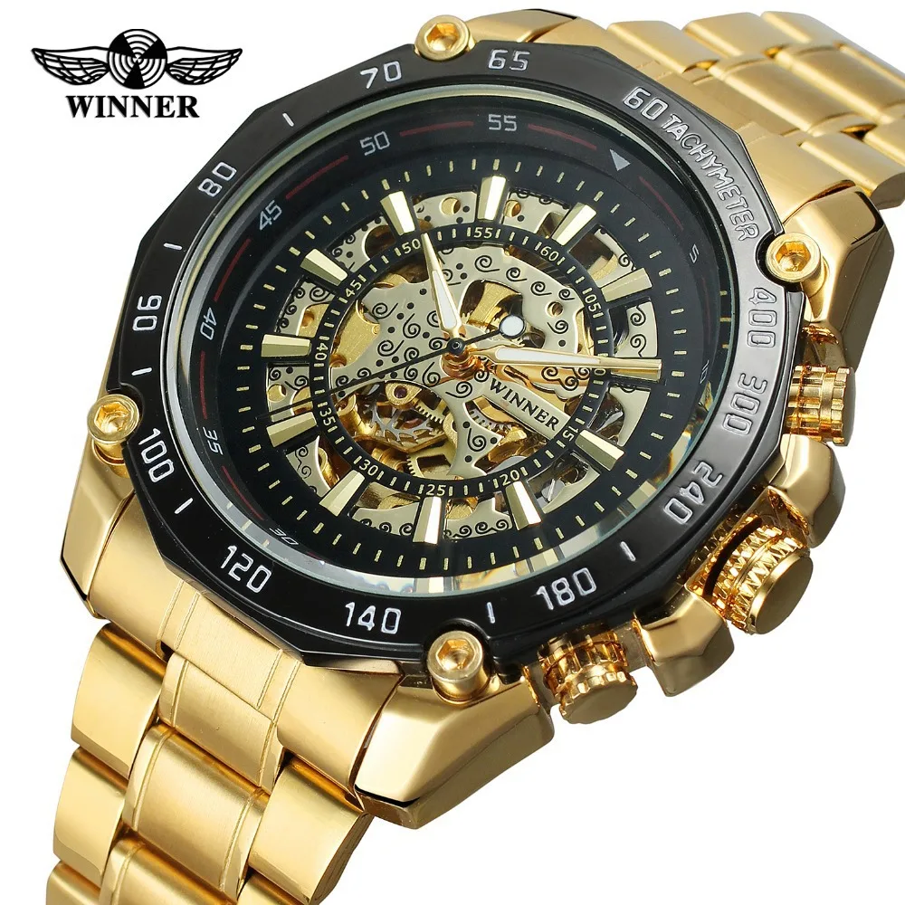 2023 Winner Brand Mens Watches Mechanical Full Steel Skeleton Shock Resistant Self-winding Man Automatic Watch Relogio Masculino