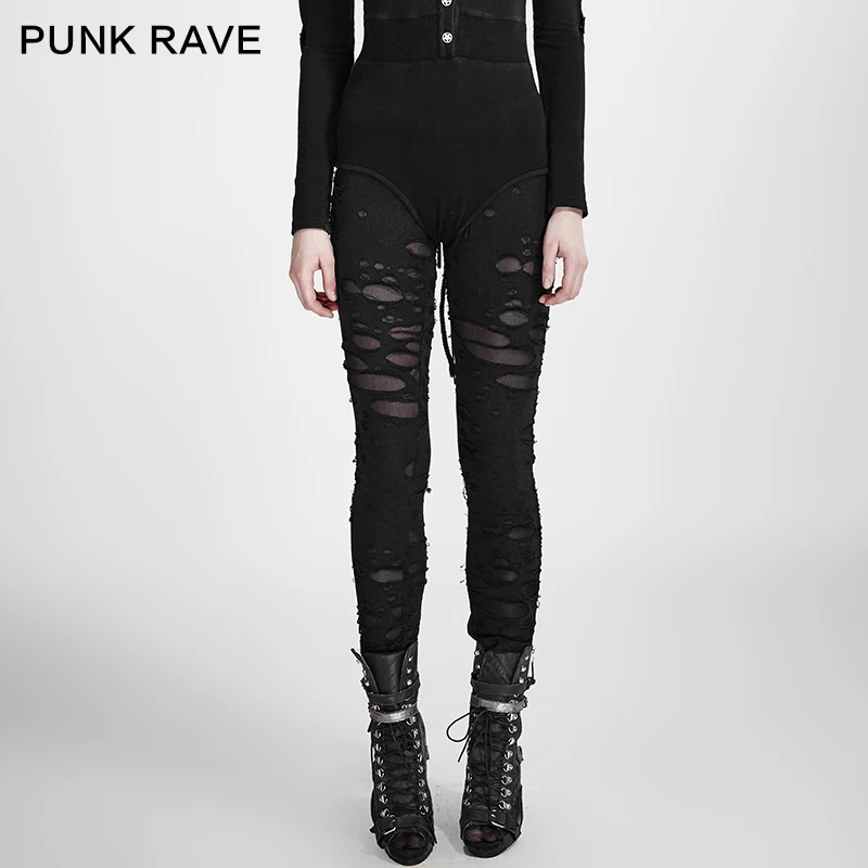 Punk Rave womens Gothic Stretchy Skinny Black Leggings ripped Steampunk S-XXL K099