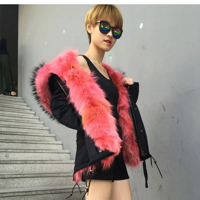 New Arrival Coral Red Fox Fur Lined Parka Short Black Cotton Overcoat For Women Big Raccoon Fur Hooded Jacket