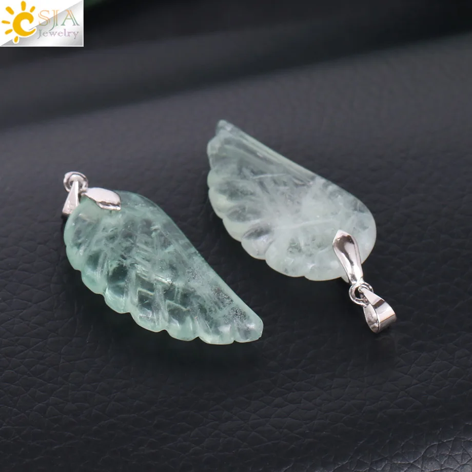 CSJA Green Fluorite Jewelry Natural Crystal Stone Carved Angel Wing Pendant Necklaces for Men Women Fashion Jewellery Lover F295
