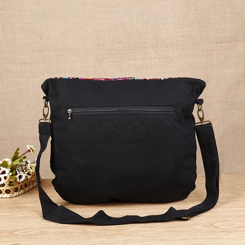 Brand Embroidered Women Bags Black Canvas Shoulder Bags Ethnic messenger bags Boho Bags