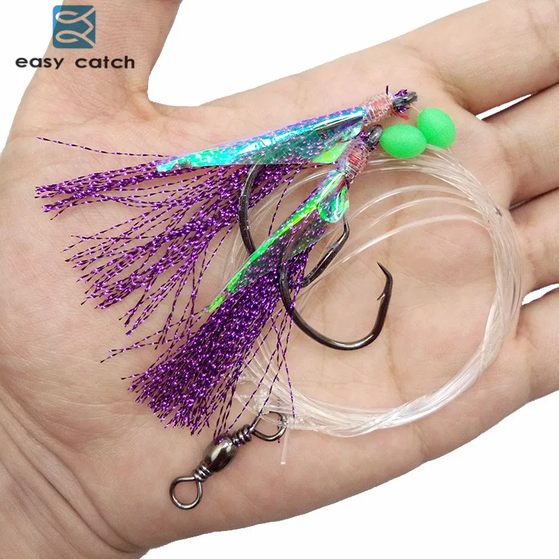 40pcs=20packs Fish Skin Bait Flasher Rigs 2 Arm Big Hooks Sea Fishing Purple Flasher Bait Rigs With Barrel Swivel For Herring