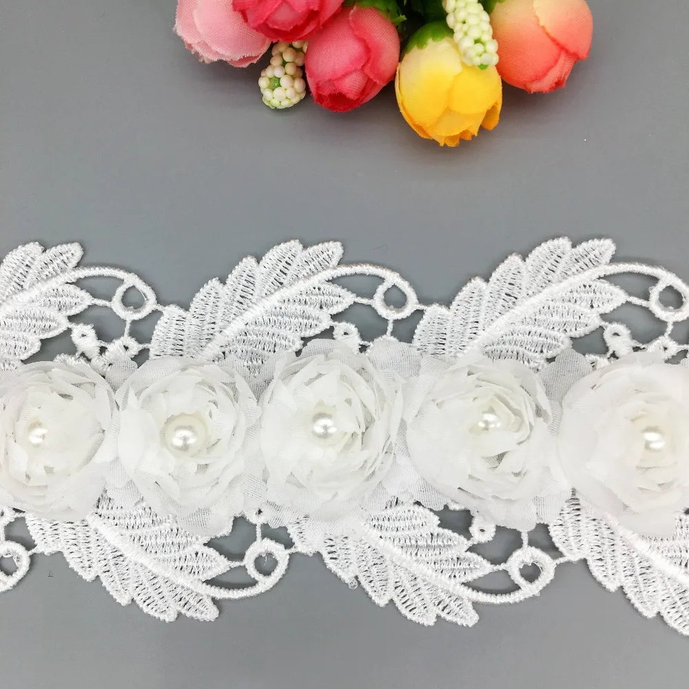 GXINUG 1 Yard Chiffon Flower Pearl Lace Leaf Trim Fabric Wedding Dress Bridal Ribbon Embroidered Patch Applique Sewing DIY Craft