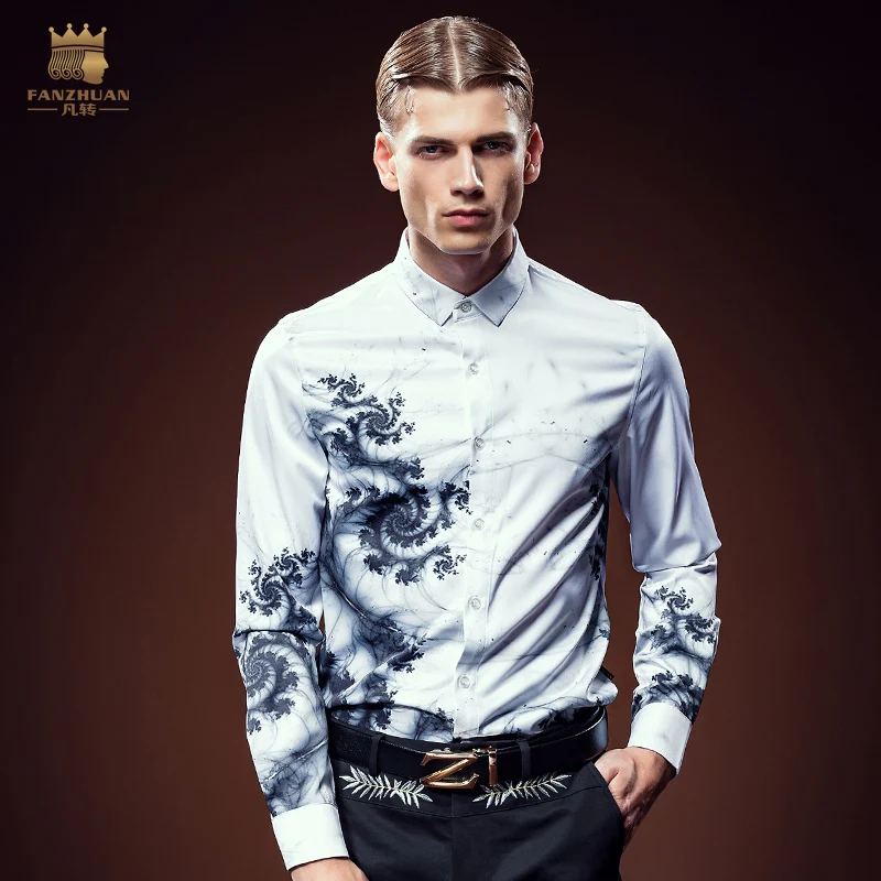 

Free Shipping New fashion personality male Men's high-end long sleeved printing ink flower shirt slim 612129 instock blouse