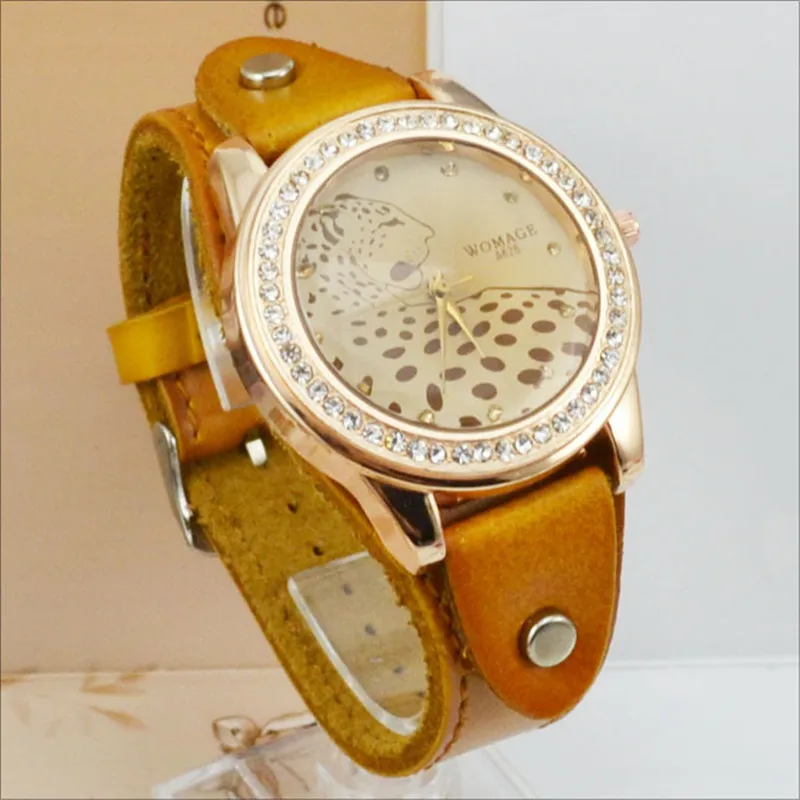 Fashion Brand Womage Watch Women Watches Fashion Vintage Leopard Watches Women Leather Women\'s Watches Rhinestone Reloj Mujer