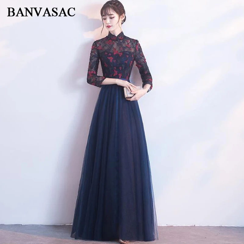 

BANVASAC 2018 Illusion High Neck A Line Butterfly Appliques Long Evening Dresses Party Lace Sleeve Sash Prom Gowns