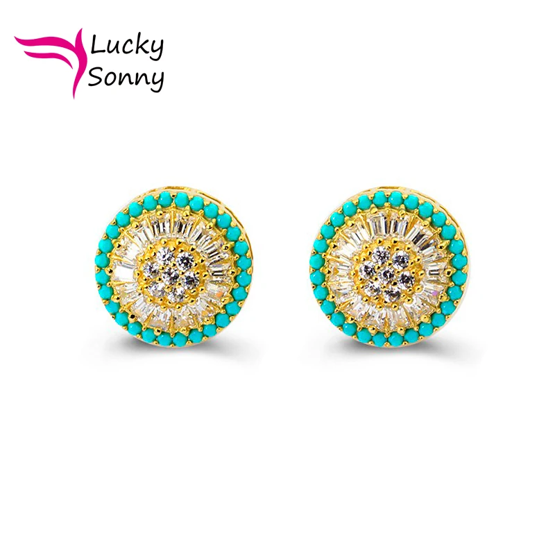 Brazil Joyeria Silver Jewelry White CZ Brincos Micro Paved Gold Color Aretes Screw Back Stud Earrings Round Pizza Stud Earrings