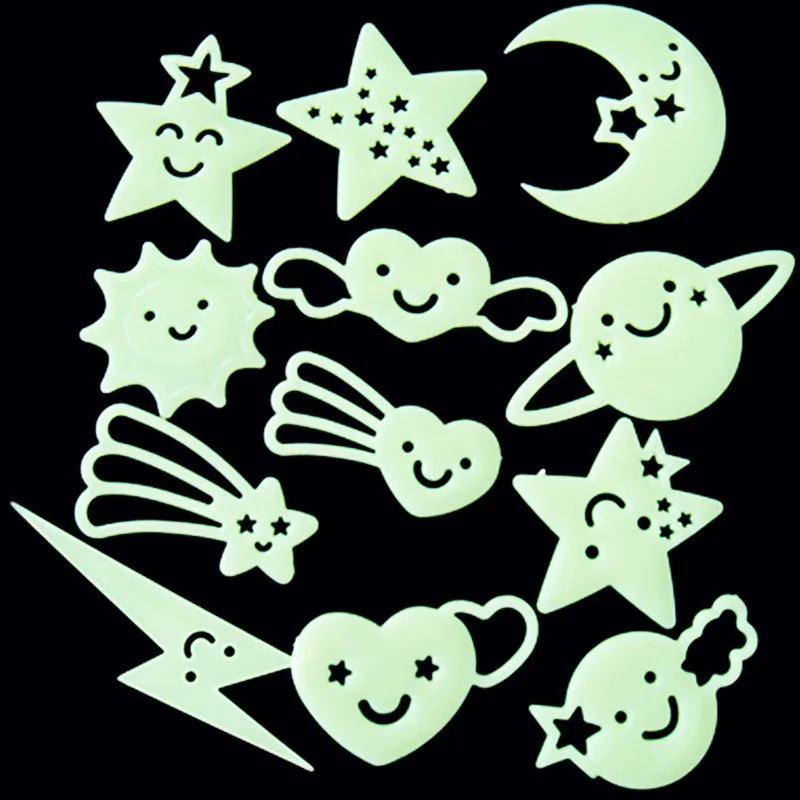 12pcs/pack  Luminous Star Stickers Glow In The Dark Moon Sticker Fluorescent Lightning Stars Sticker Kid Home Room Decoration