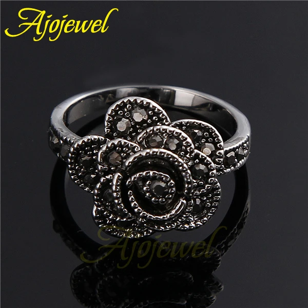 Ajojewel #7-9 Thin Flower Ring With Black Rhinestones Hot Selling Retro Jewelry Bijoux Cute Gift