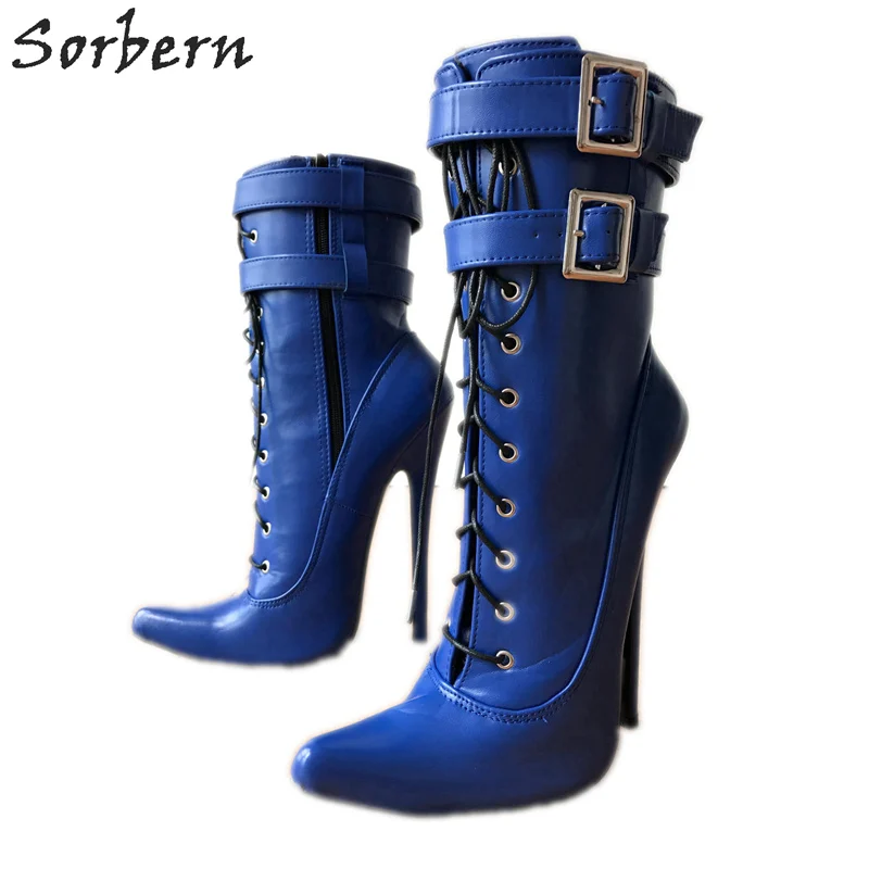 

Sorbern 18Cm Stiletto High Heel Ankle Boots For Women Sexy Fetish Boot Unisex Double Wrap Buckle Strap Matte Blue Shoes Unisex