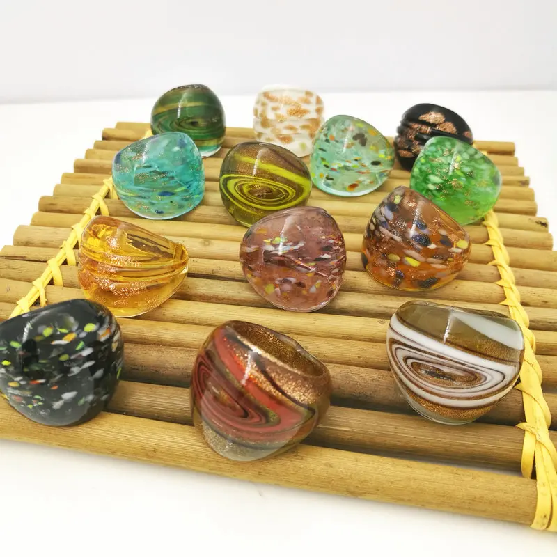 13 PCS Randomly Mixed With Coloured Glaze Murano Hot Gold Foil Color Rings More 17-19 MM