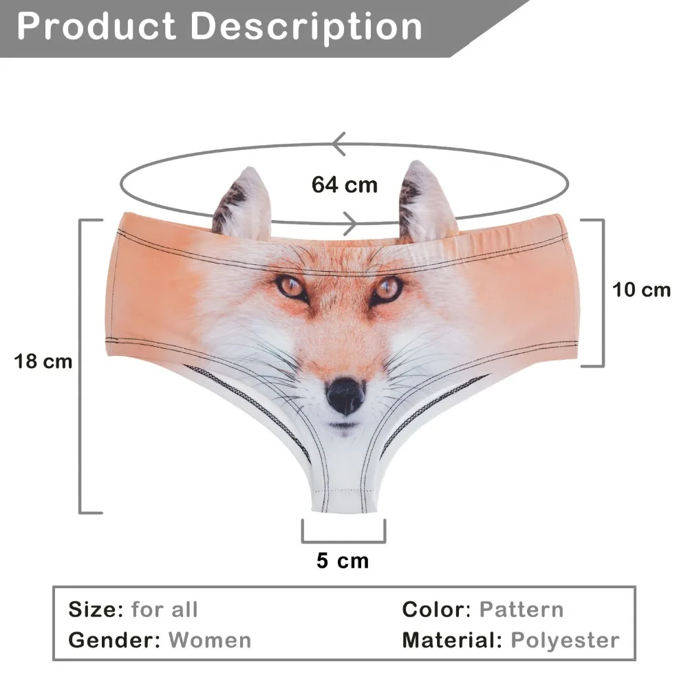 2017 New fashion 3D Printed British Kittty Animal Fox  Sexy Underwear Women Calcinha Feminina  Culotte Femme With Ears