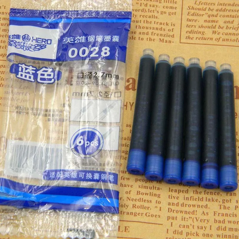 6pc HERO BLUE Standard replacement Fountain Pen ink