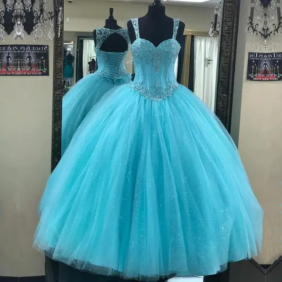 Angelsbridep Spaghetti Quinceanera Kleid Glitter Kristalle Korsett Tüll Hohe Qulaity Süße 16 18 Ballkleid Party Kleid