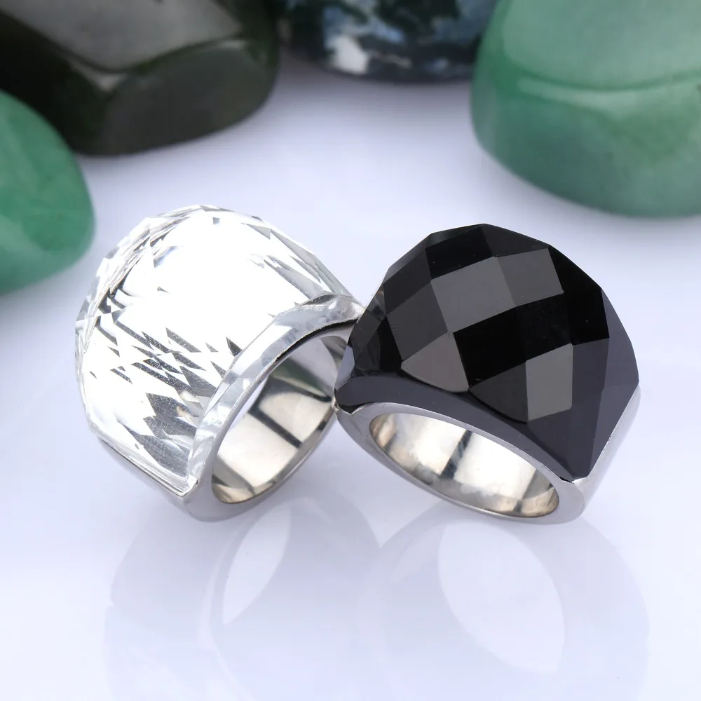 Stainless Steel Black & White Brand Design Delicate Shiny Big Crystal Stone Engagement Rings Trendy Ring Party Jewelry for Women