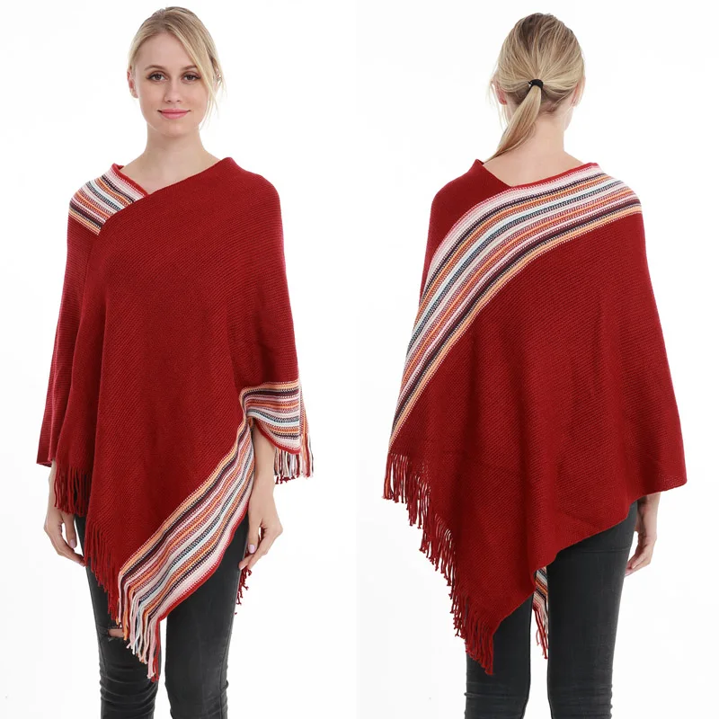 New Arrive Fashion Women Poncho Tassel Sweater Plaid Stripe Pulloer Knitted Women Sweaters And Pullovers