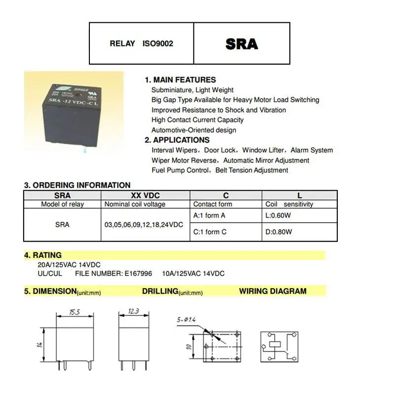 5Pcs 5V 12V 24V 20A DC Power Relay SRA-05VDC-CL SRA-12VDC-CL SRA-24VDC-CL 5Pin PCB Type In stock Black Automobile relay