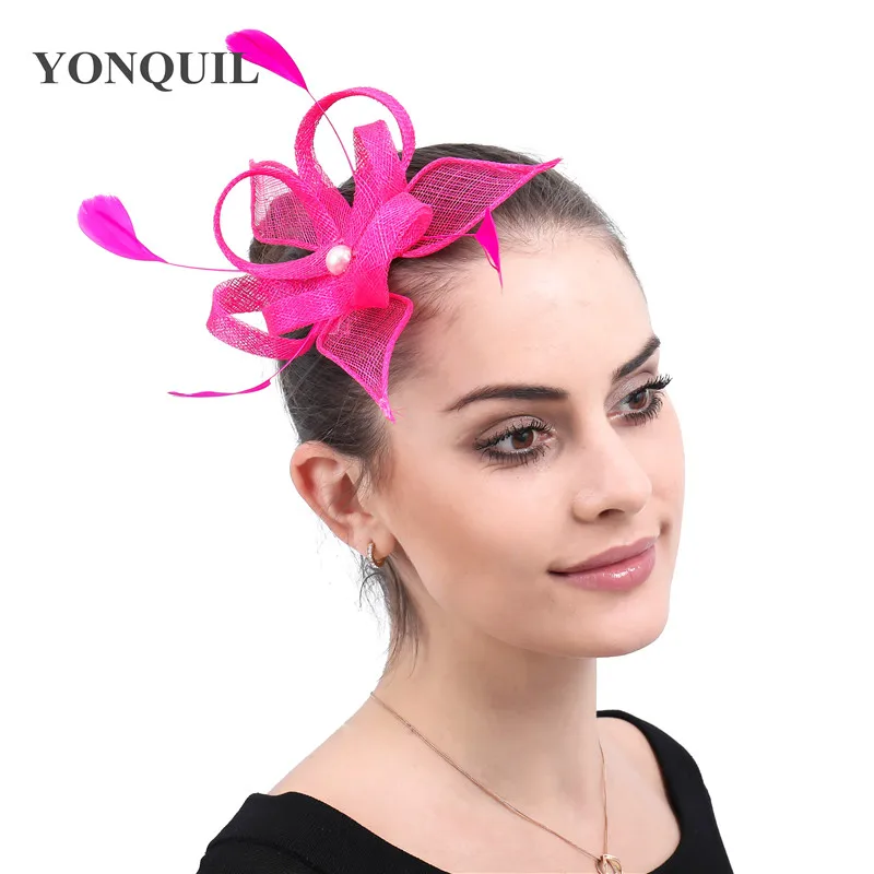 Hot Pink Fascinator Wedding Headwear Women Ladies Elegant Hats Wedding Married Feathers Headdress Sinamay Fashion Accessories