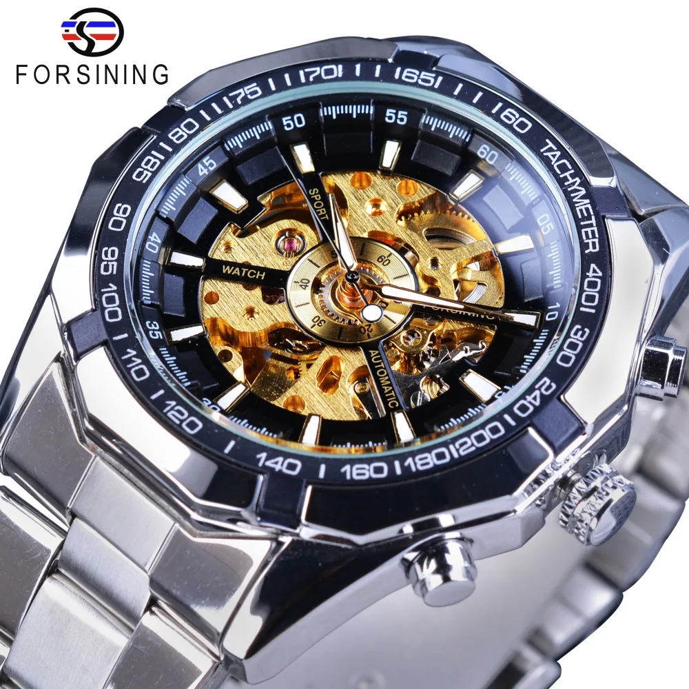 

Forsining Golden Gear Openwork Steampunk Racing Sport Military Design Waterproof Mens Mechanical Skeleton Watch Top Brand Luxury