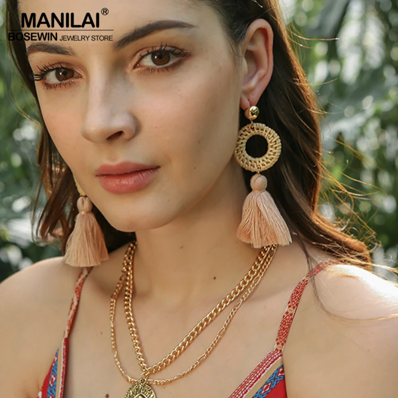 MANILAI Women Circular Straw Rattan Tassel Earrings Long Dangle Fringed Earrings Bohemian Statement Eardrop Jewelry Big