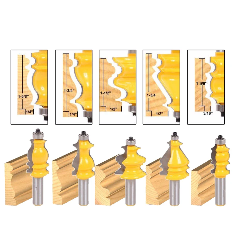 

5 Bit Casing & Base Molding Router Bit Set - 1/2" Shank CNC Line Knife Woodworking Cutter Tenon Cutter For Woodworking Tools