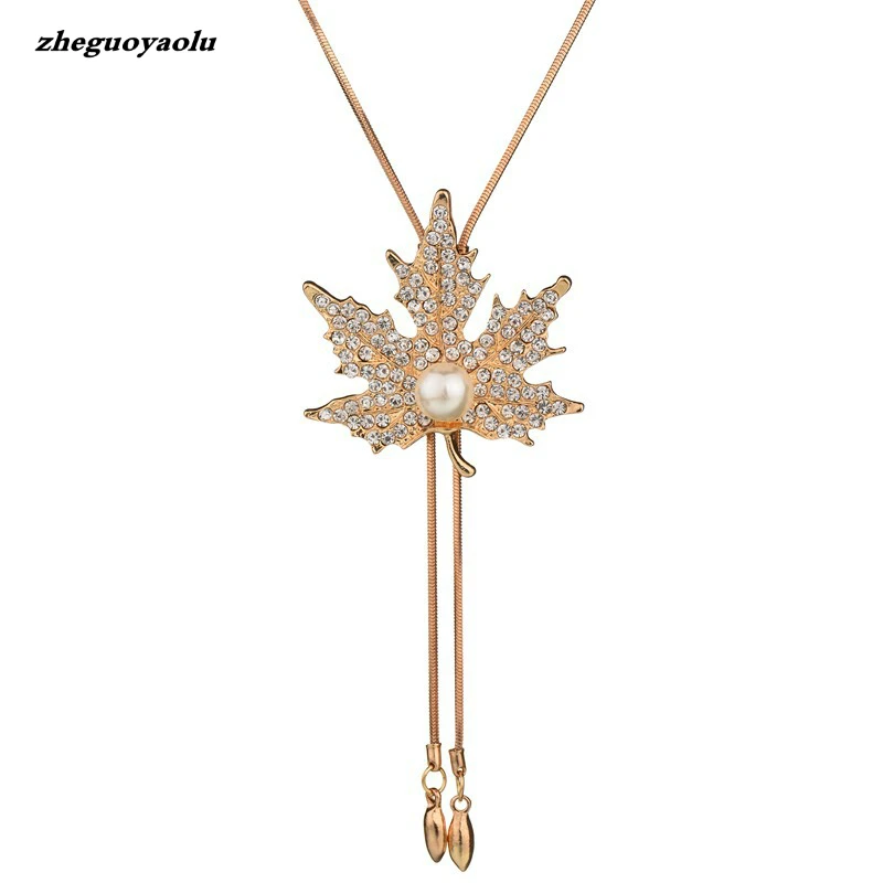 Long Necklaces Sweater Chain Fashion Fine Metal Chain Crystal Rhinestone Flower Leaves Pendant Necklace Pearl Jewelry