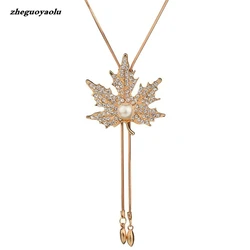 Long Necklaces Sweater Chain Fashion Fine Metal Chain Crystal Rhinestone Flower Leaves Pendant Necklace Pearl Jewelry