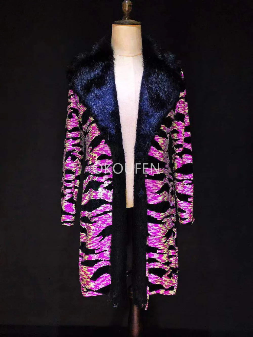 New Fluorescence Pink Zebra Print  Long Coat Fashion Fur Collar Jacket Costumes Nightclub bar Male Singer Dance Stage Show Coat