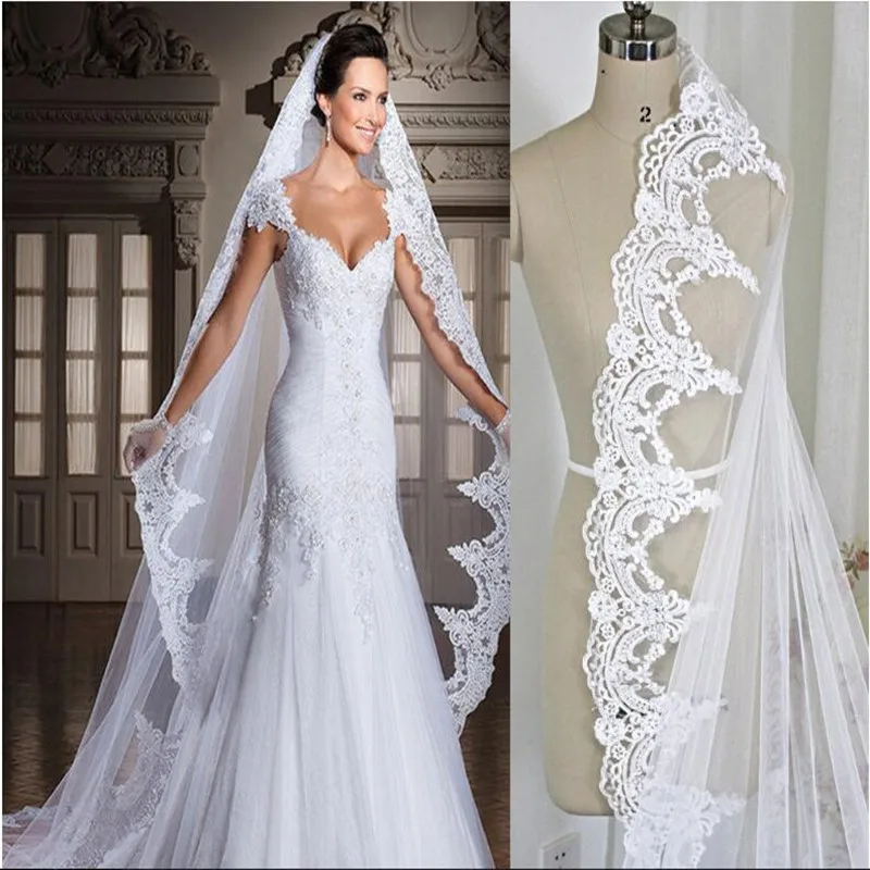 

New Arrive Real Image One Layer Wedding Veils Lace Applique Full Edge Cathedral Accessories Free Comb Custom Made Bridal Veil