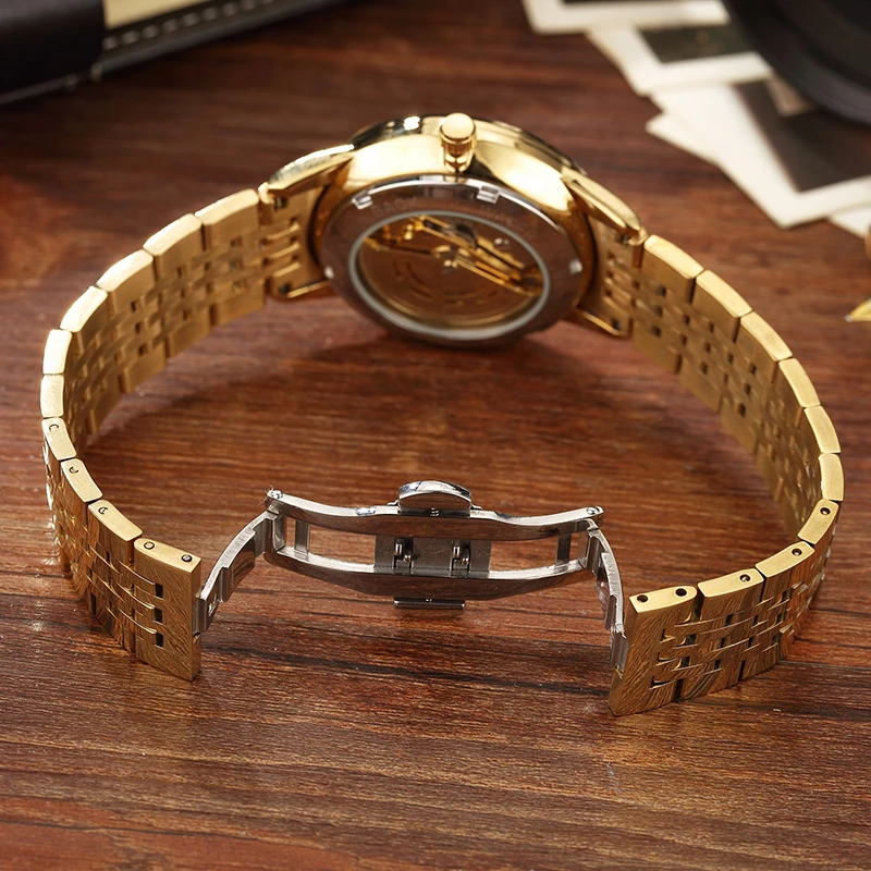 Relojes de dragón grabados para hombre, Reloj de pulsera mecánico automático dorado de acero inoxidable, manos luminosas, Reloj de esqueleto