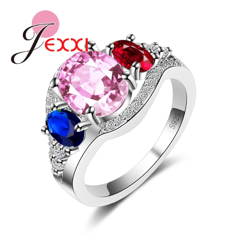 

Pink/Blue/Red Round CZ Crystal Paved Women Geometric Classic Ring for Wedding Party Authentic 925 Sterling Silver Needle Jewelry