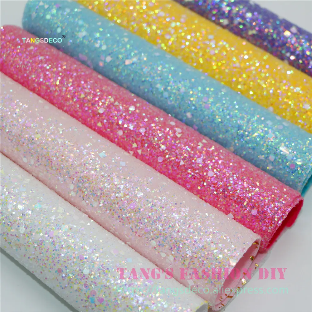 6pcs--20x22cm DIY Hair Bow Material Candy Color Chunky Glitter PU Synthetic Faux Leather