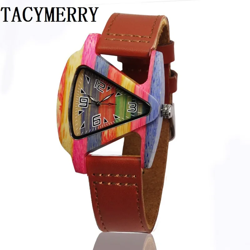 Newest Color of bamboo Wood Watch For Women  Fashion Tiangle  Wooden Wristwatch For Gifts Quartz Clock In a Box