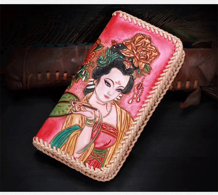 Genuine Leather Wallets Carving Chinese Ancient Beauty Zipper Knitting Bag Purses Women Clutch Vegetable Tanned Leather Wallet