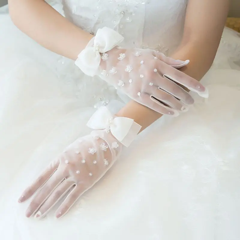 Simple Short Spring Summer Mesh Thin Section Gloves Artificial Pearl Bow New Wedding Dress Bride Glove