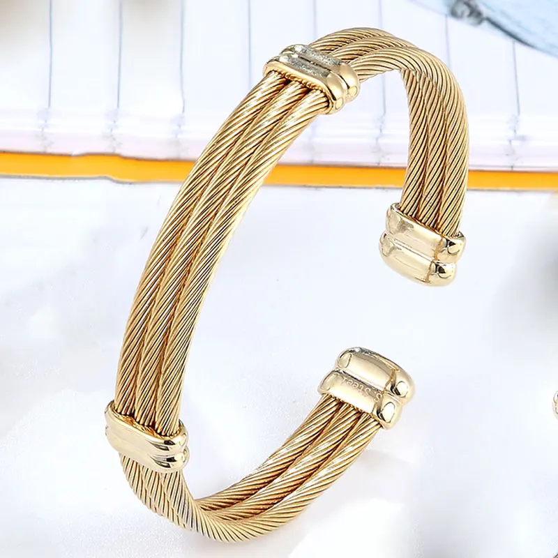 Adjustable Size Three-row Cable Bangle For Women Top Quality Stainless steel Women Jewelry Gold And Silver Color Bracelet