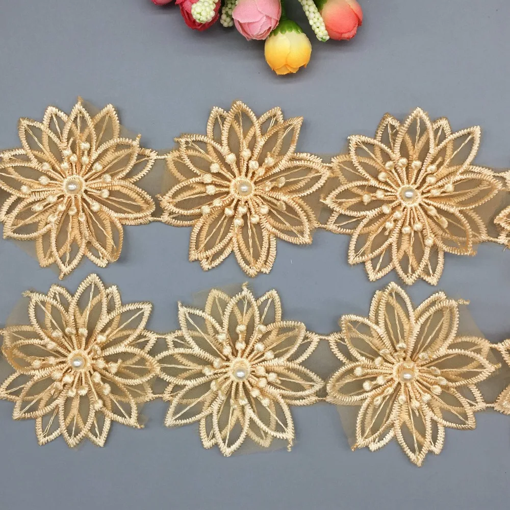 2 yards 3D Gold Flower Pearl Lace Trim Ribbon French Fabric Tulle Dentelle Embroidered DIY Sewing Craft For Costume Hat Decor