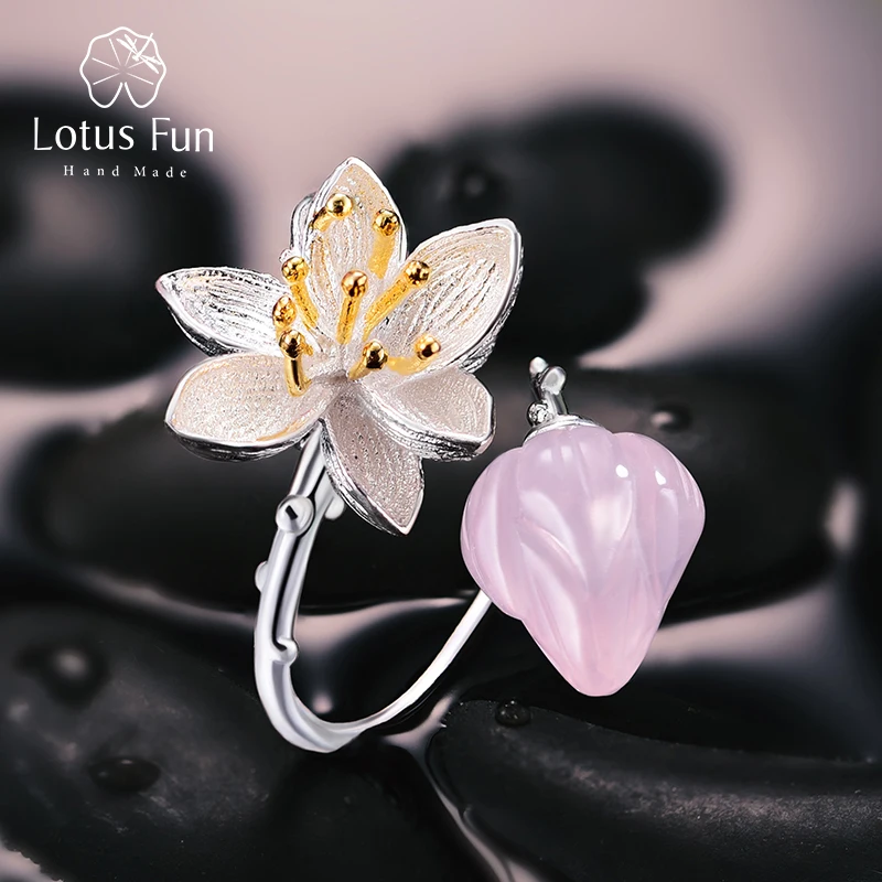 Lotus Fun Real 925 Sterling Silver Natural Rose Quartz Handmade Fine Jewelry Flower Ring Lotus Whispers Rings for Women Bijoux