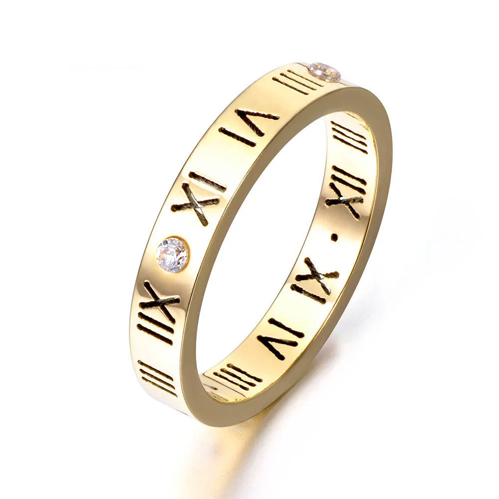 JeeMango Titanium Steel Mosaic Cubic Zirconia Crystal Roman Numeral Ring Classic Engagement Wedding Rings For Women R17158