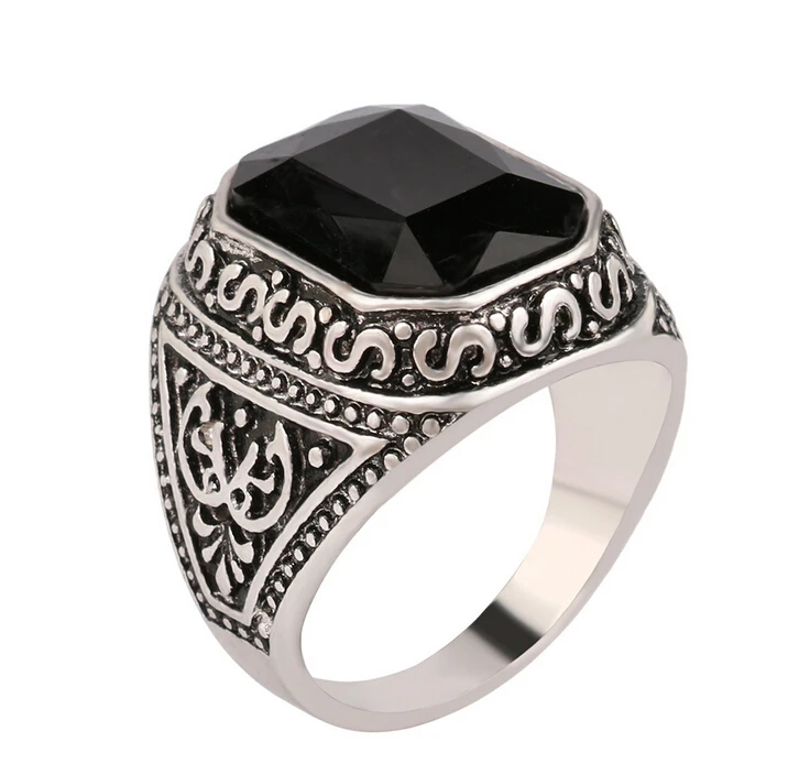 Men Rings Big Black/Red Carved Stone Antique  Plated Ring For Women Retro Texture Engraved Wholesale Lover ring #20035