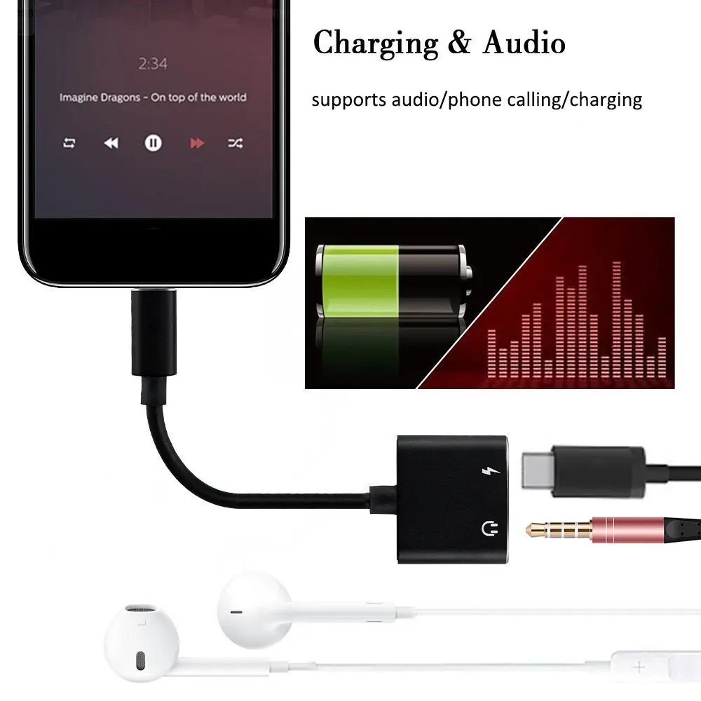 2 in 1 Type C Adapter to 3.5mm Headphone Jack + Charging Supports Audio and Charging USB Type-C Audio Charging for Xiaomi/Huawei