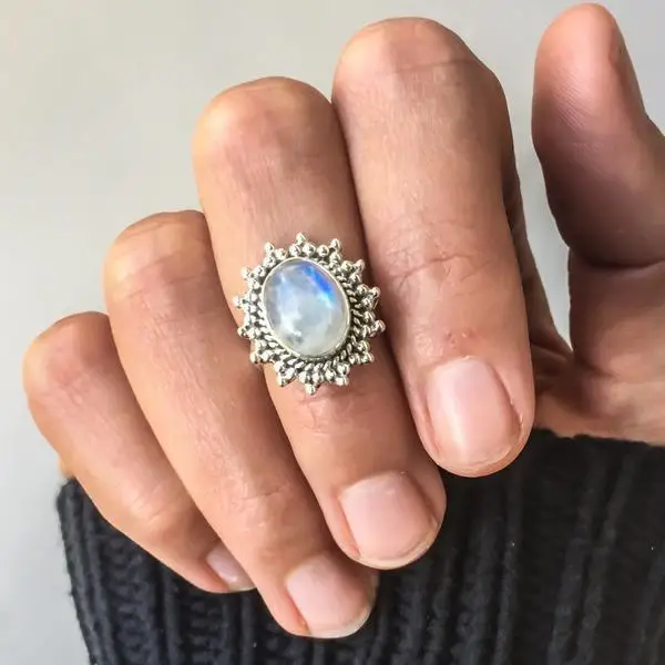 Wholesale Silver Color Big Manmade Moonstone Rings for Women,Large Antique Punk Jewelry Marquise Ring Charm Engagement Rings