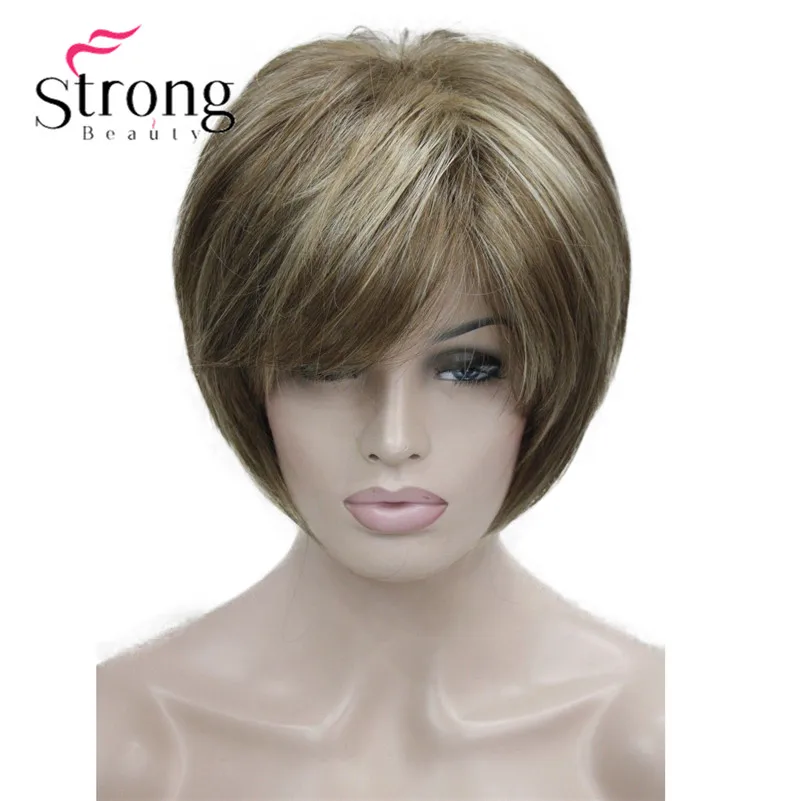 

StrongBeauty Короткий многослойный коричневый блондин толстый пушистый полностью синтетический парик Heat Ok парики для женщин