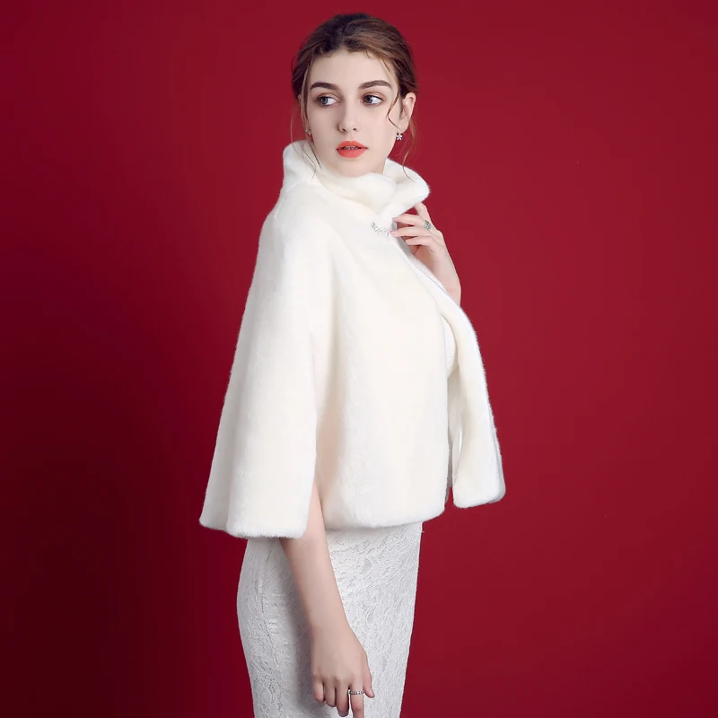 JaneVini Ivory Winter Bridal Hood Cape High Neck Faux Fur Shawls for Wedding Women Warm Wraps Jackets Evening Party Accessories