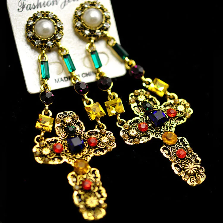 Fashion vintage pearl cross long jewelry earrings for woman Pendientes mujer серьги женские boucle d’oreille femmes