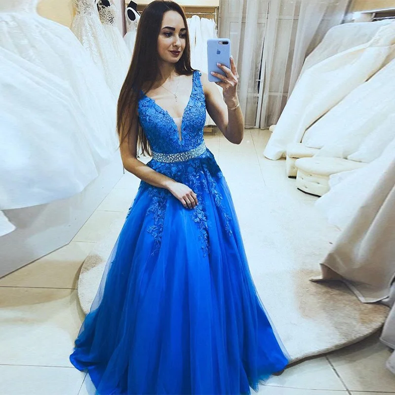 Elegant V-neck Prom Dresses A-line Sleeveless Royal Blue Formal Party Gows With Diamonds Sashes Floor Length Prom Dresses