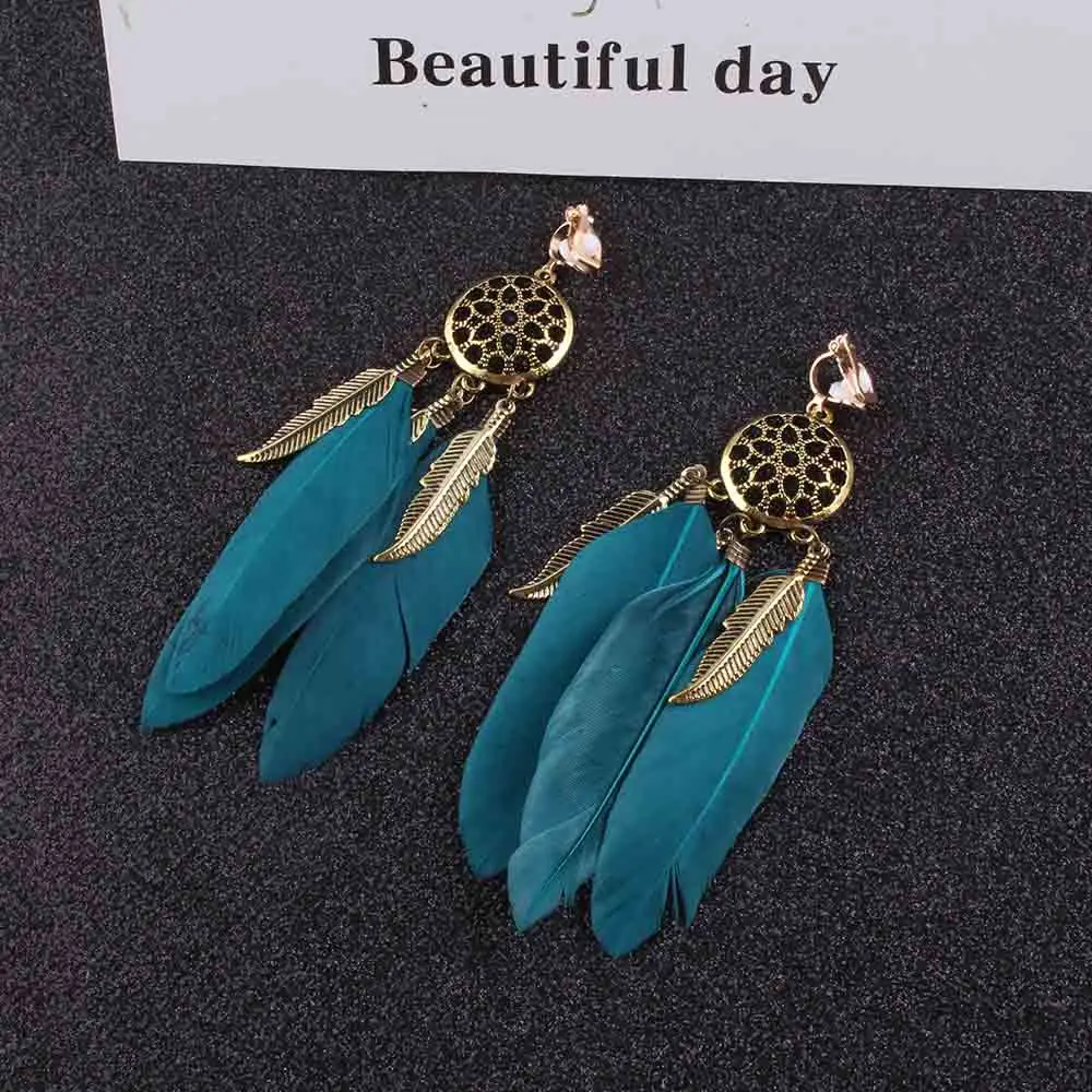 JIOFREE High Quality Vintage Bohemia blue feather Clip on Earrings Without Piercing for Girls Party Needn\'t Ear Hole