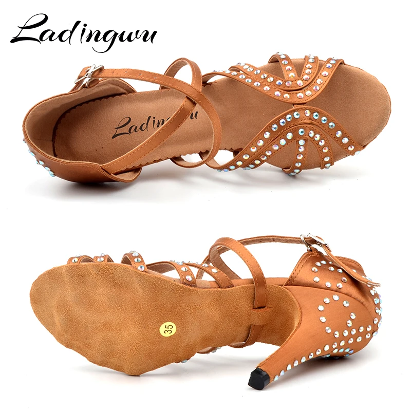 Ladingwu-Chaussures de brevLatine à Strass Pailletés pour Femme, Talon Haut de 10cm, Satin Marron, Salsa, Mariage, Salle de Bal