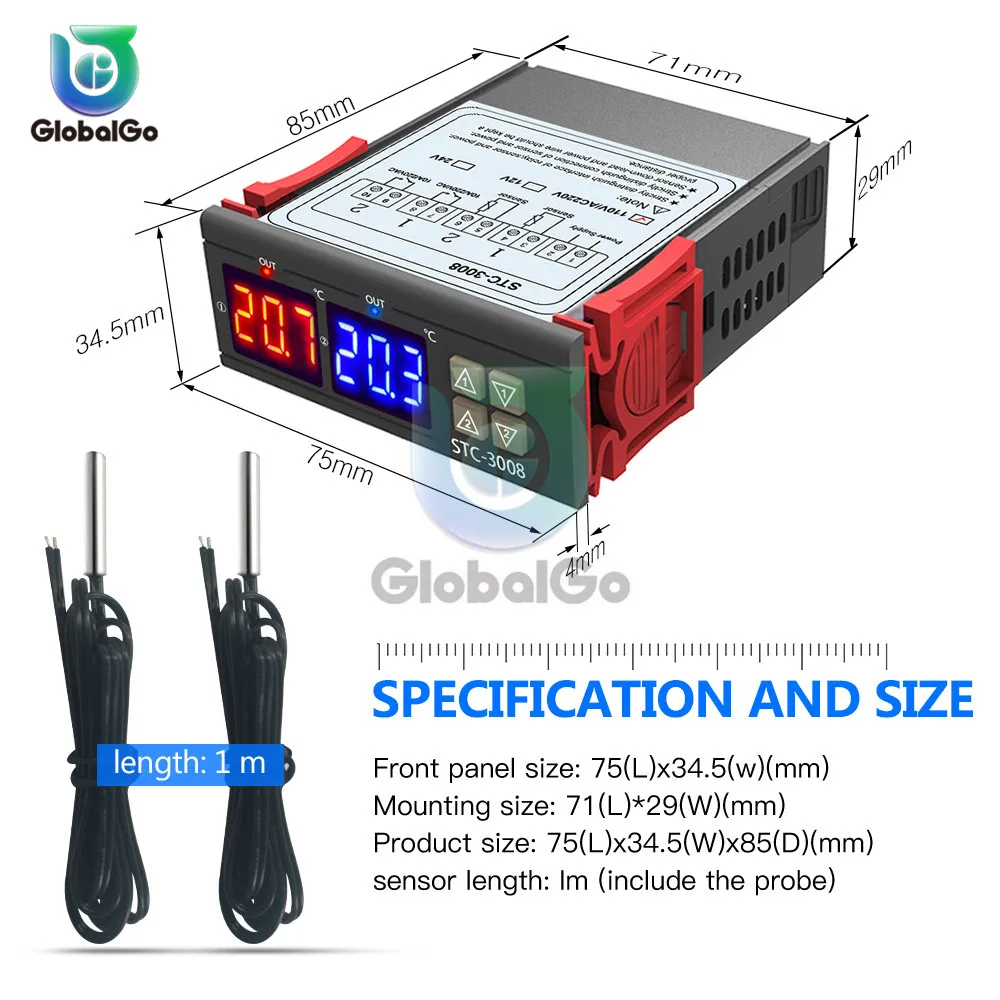 Imagem -04 - Termostato Bidirecional com Sonda Dupla Controlador de Temperatura Sensor Bidirecional Saída de Relé Bidirecional Ac110220 v Dc24v 12v Stc3008