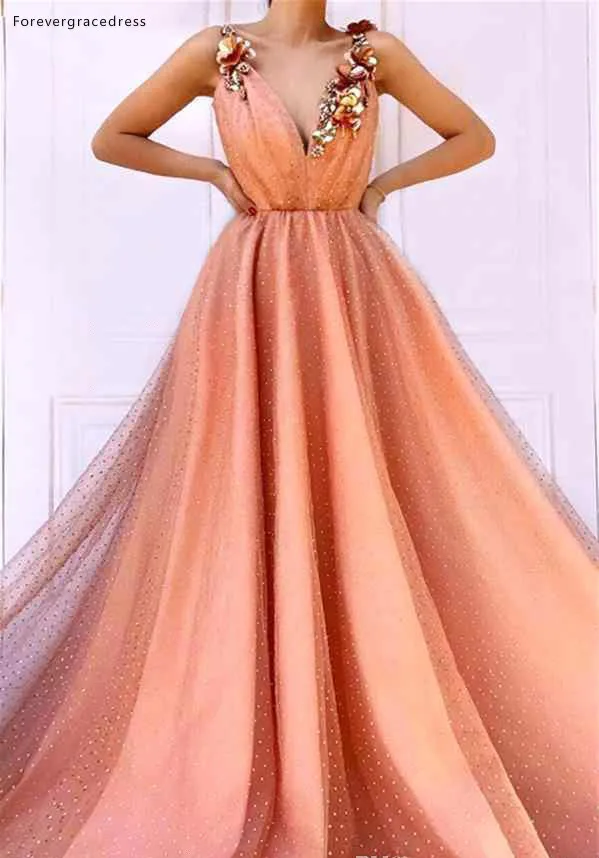 Orange Color Prom Dresses 2019 A Line V Neck Flowers Holidays Graduation Wear Evening Party Gowns Plus Size